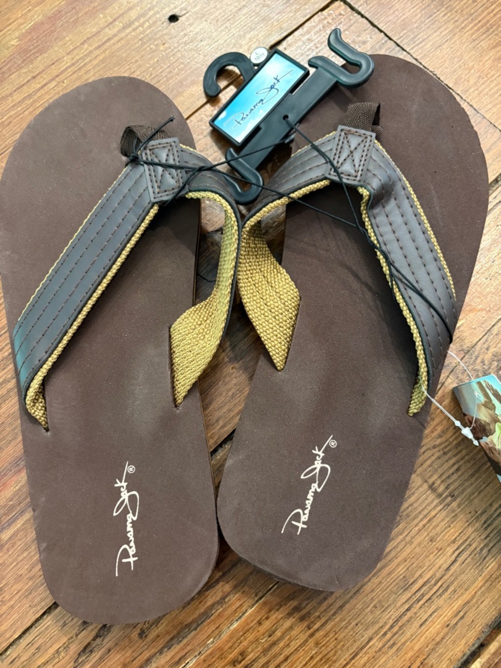Panama Jack Brown and Mustard Canvas-Trim Men's Flip Flops